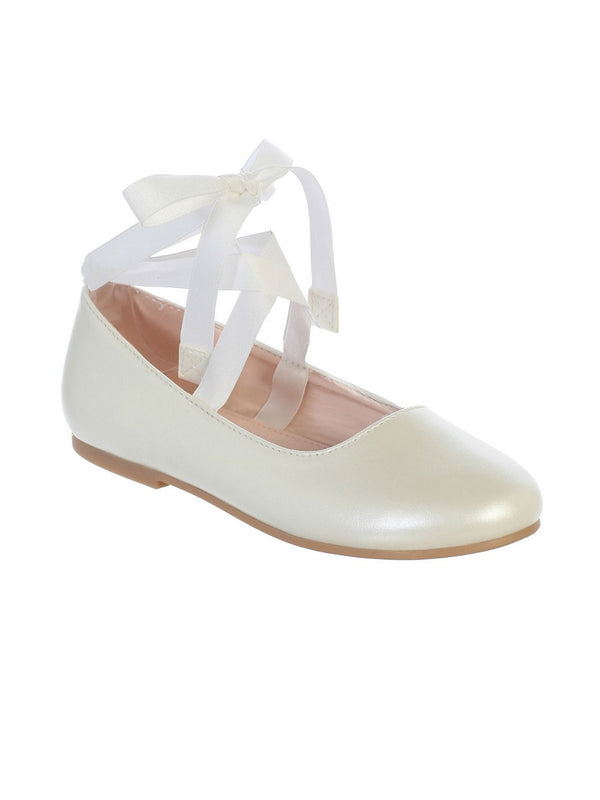 Girls Ivory Ribbon Ankle Tie Elegant Matte Mary Jane Flats 1-4 Baby - SophiasStyle.com